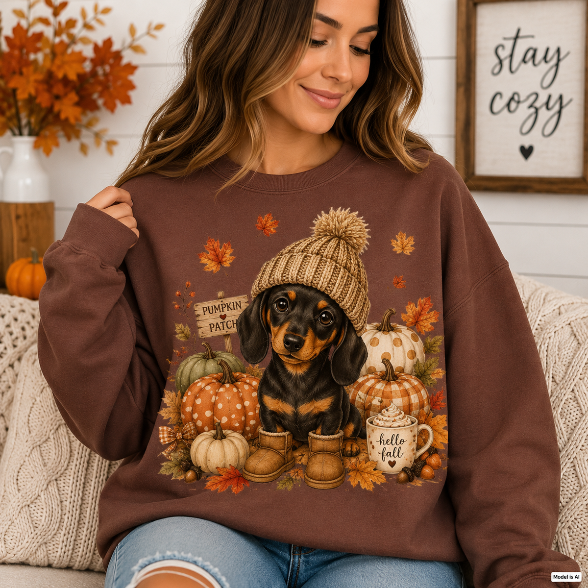 Woman wearing a Cocoa Fall Dachshund Sweatshirt featuring a dachshund in a knit hat and boots surrounded by pumpkins and autumn leaves.