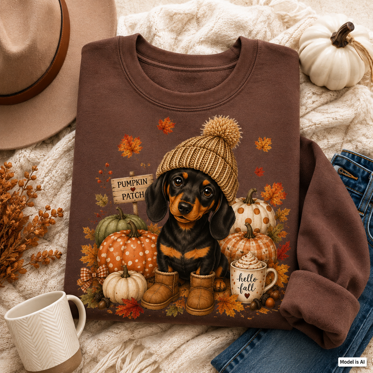 Folded Cocoa Fall Dachshund Sweatshirt featuring a pumpkin patch dog graphic with pumpkins, autumn leaves, knit hat, boots, and a hello fall mug.