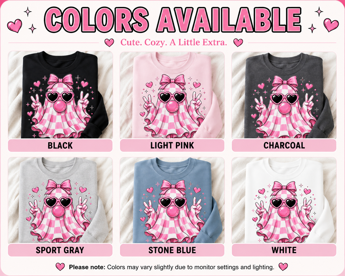 Color chart showing cute pink gingham ghost sweatshirt available in black, light pink, charcoal, sport gray, stone blue, and white.