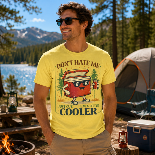 Man wearing a yellow t-shirt with a graphic design of a cooler and text, standing outdoors near a lake and tent.
