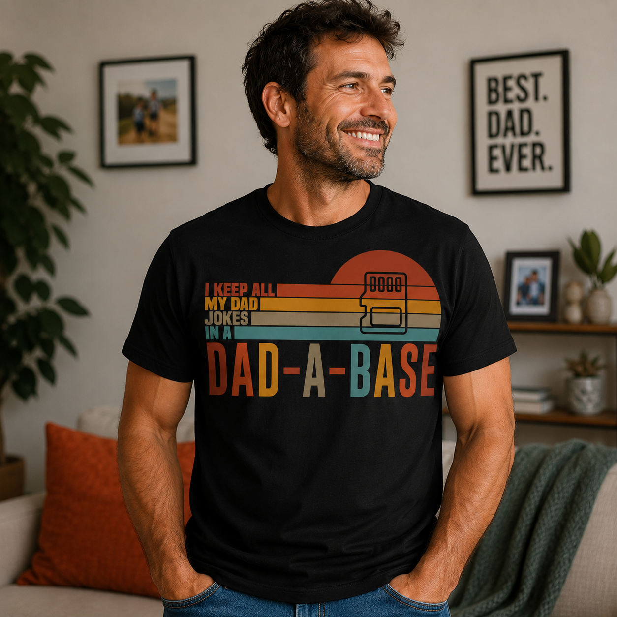 Man wearing a black t-shirt with colorful text and graphic, sitting in a living room.