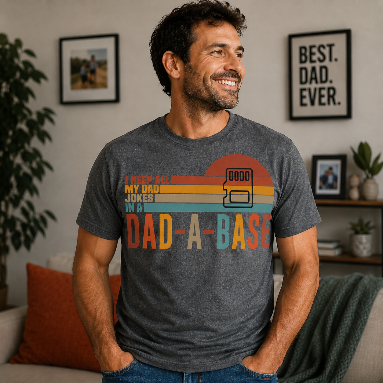 Man wearing a t-shirt with a humorous graphic and text in a living room.