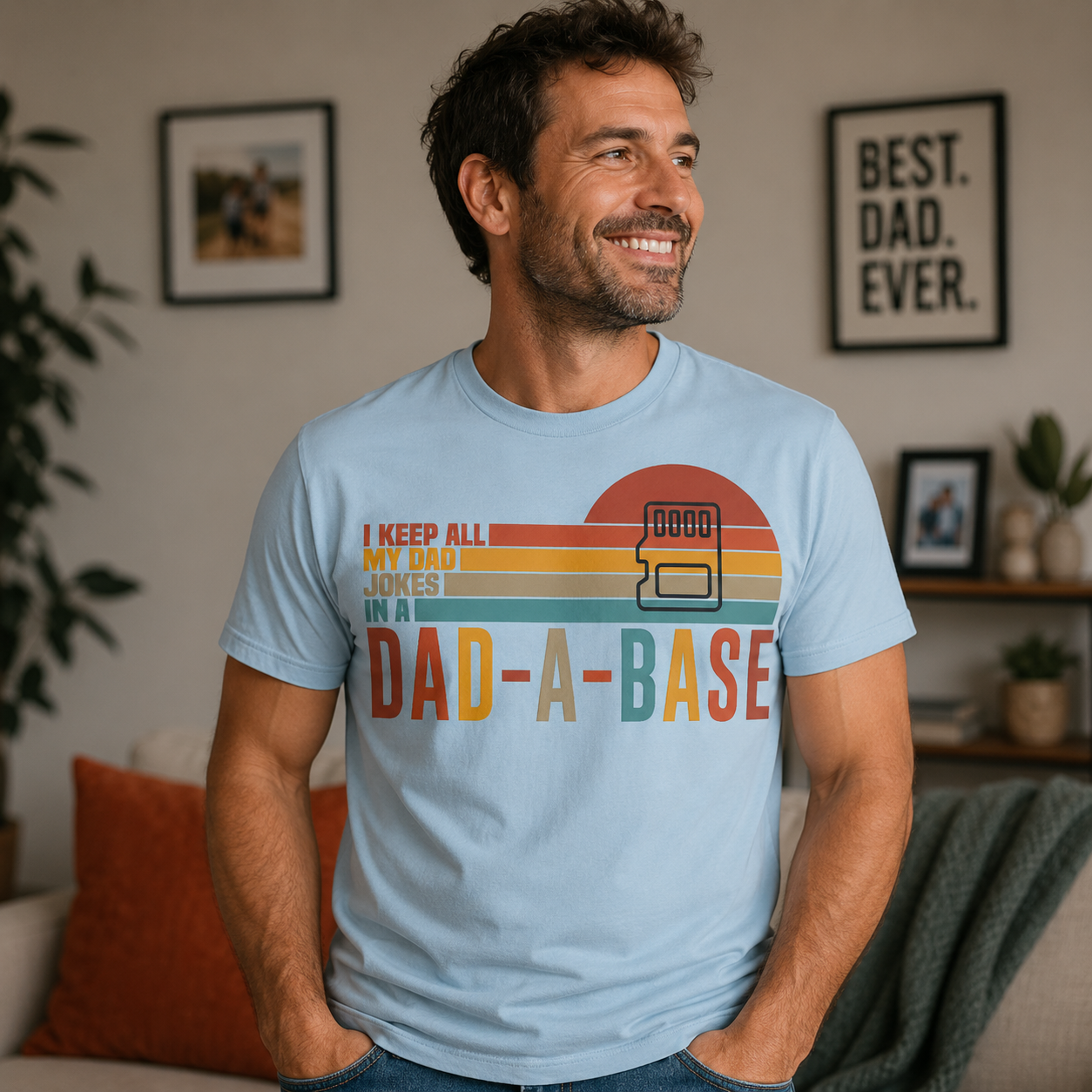Man wearing a light blue t-shirt with a colorful graphic and text, standing in a living room.