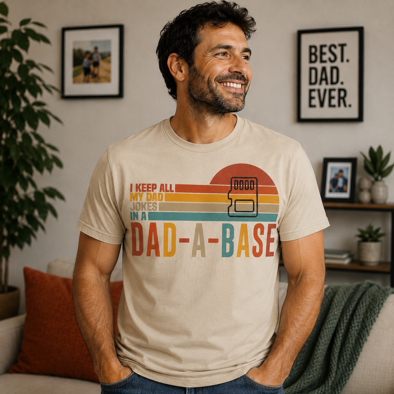 Man wearing a t-shirt with a colorful graphic and text in a living room. The Scoobie Shack
