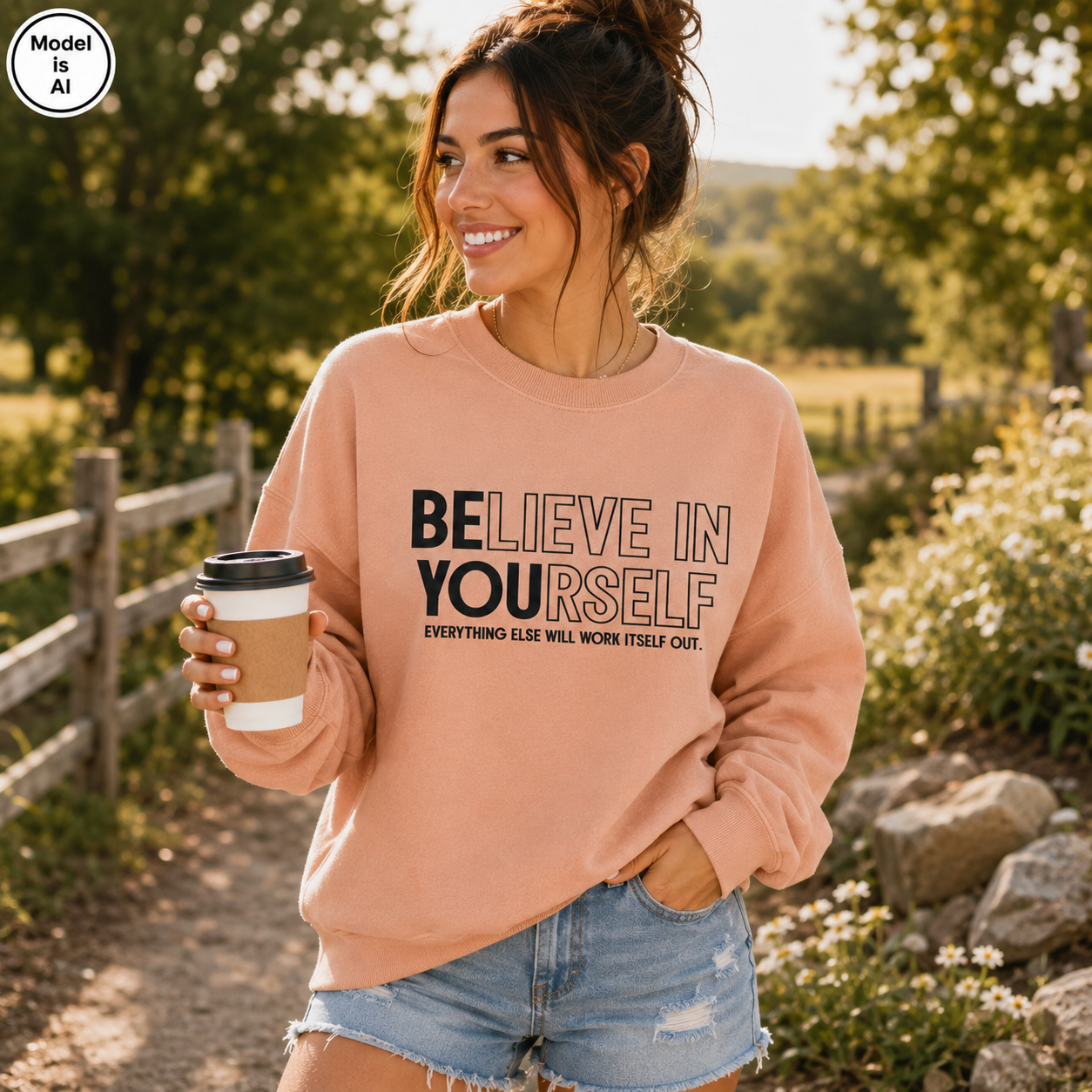 A woman outdoors wearing a peach-pink crewneck sweatshirt with the text 'BELIEVE IN YOURSELF' and 'EVERYTHING ELSE WILL WORK ITSELF OUT.' She is holding a takeaway coffee cup and wearing denim shorts, with trees, flowers, and a fence in the background.