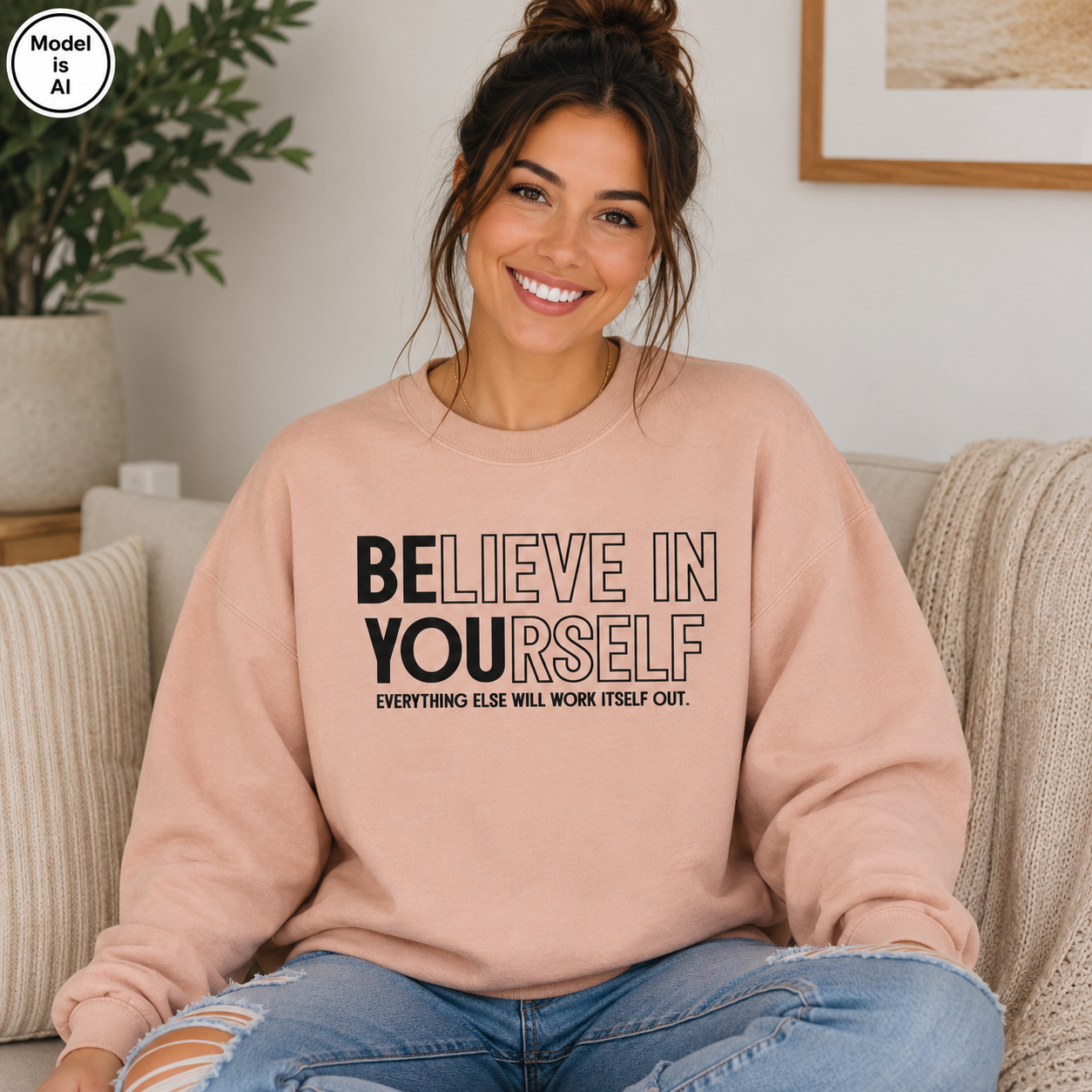A woman sitting on a beige couch wearing a light pink crewneck sweatshirt with the text 'BELIEVE IN YOURSELF' and 'EVERYTHING ELSE WILL WORK ITSELF OUT.' in black.