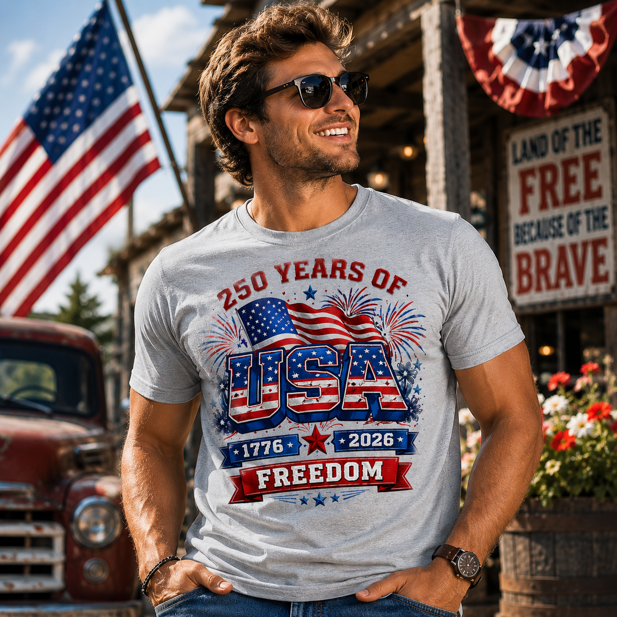 Man wearing a t-shirt celebrating 250 years of USA freedom in front of an American flag and vintage truck.
