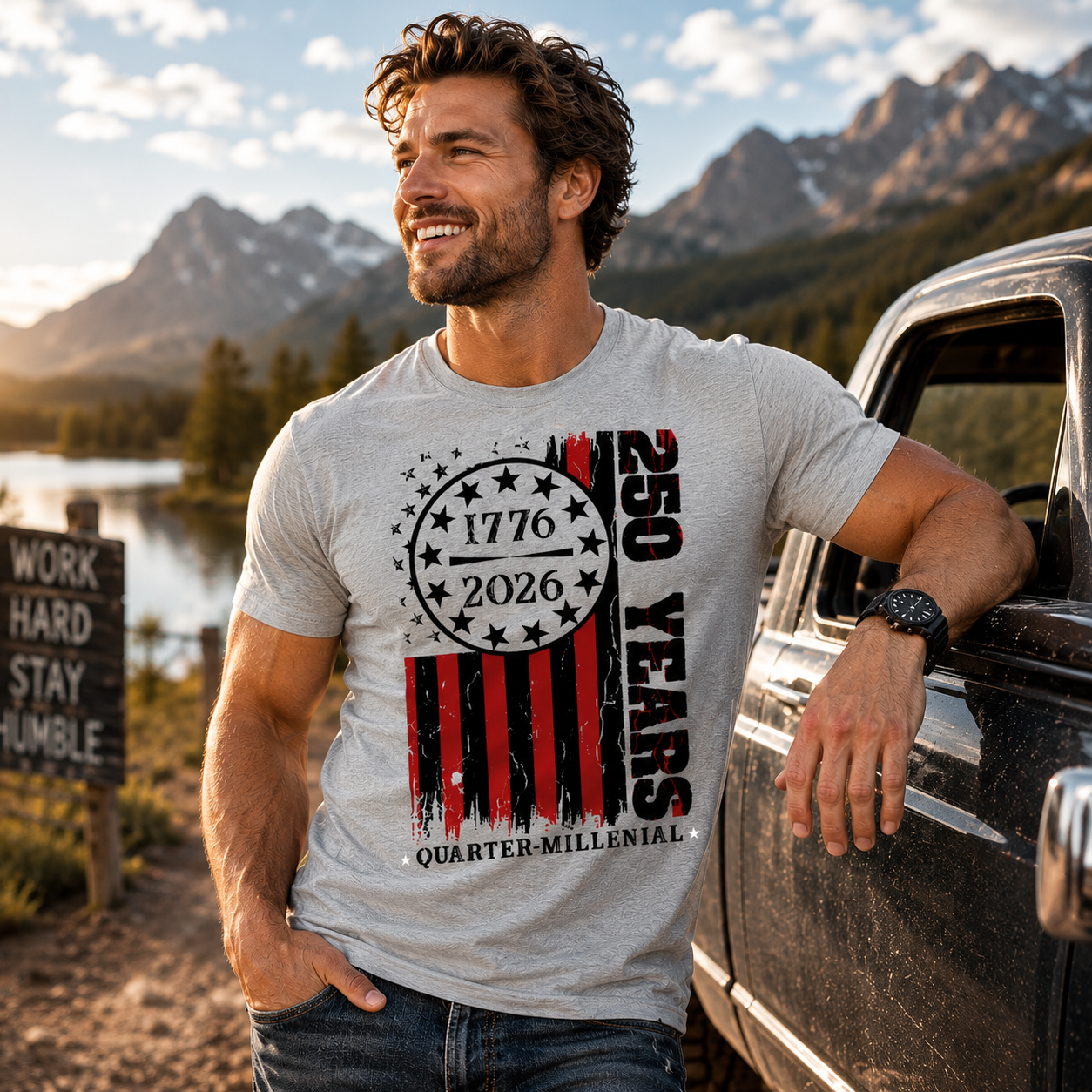 Man wearing a t-shirt with a 250th anniversary design, standing next to a truck with mountains in the background.