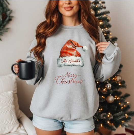 Personalized Merry Christmas Santa Hat Crewneck