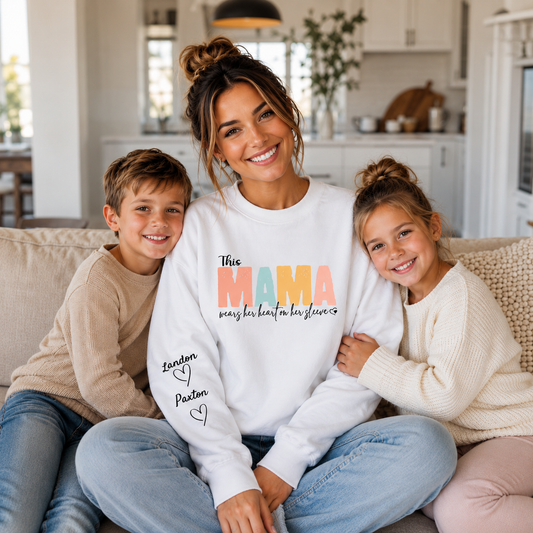 Custom This Mama Wears Her Heart on Her Sleeve Crewneck
