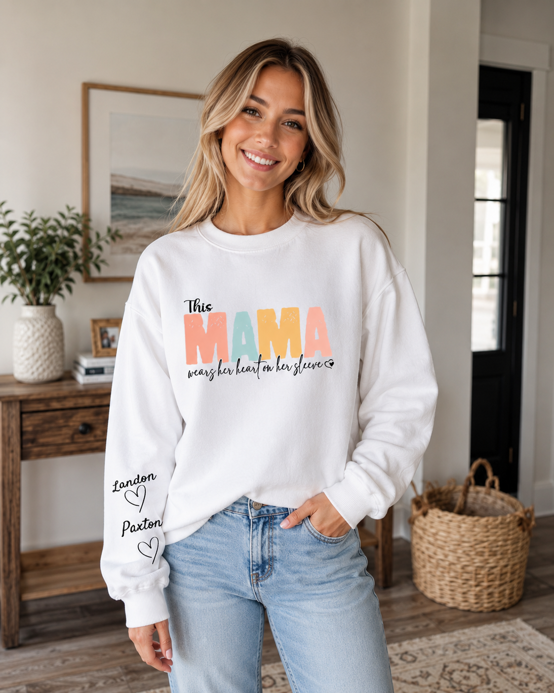 Custom This Mama Wears Her Heart on Her Sleeve Crewneck