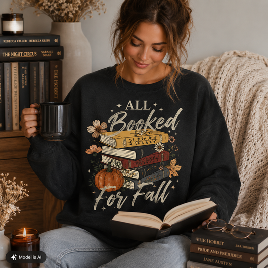 Woman wearing a Heather Black Fall Book Lover Sweatshirt with an All Booked for Fall books and pumpkin graphic, holding a book and coffee.