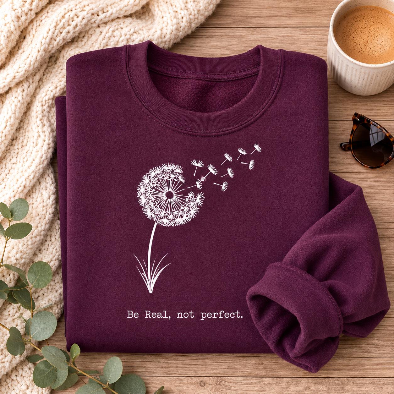 Be Real Not Perfect Shirt |Positive Quote Apparel| Dandelion Sweatshirt| Mental Health Gift