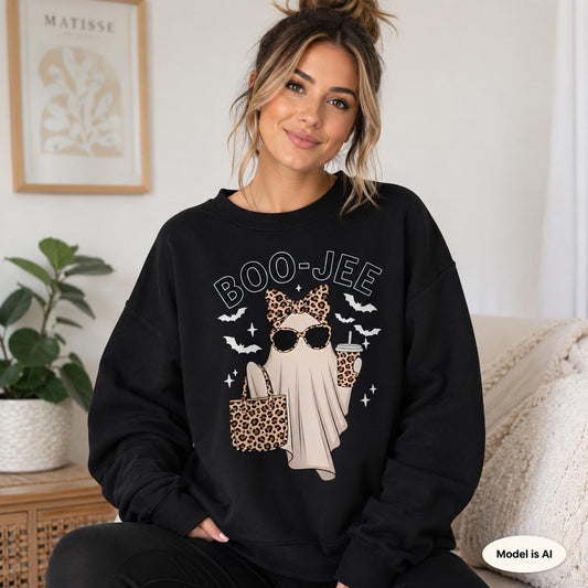 Black BOO-JEE Halloween Ghost Sweatshirt with leopard print ghost graphic modeled in a cozy indoor setting