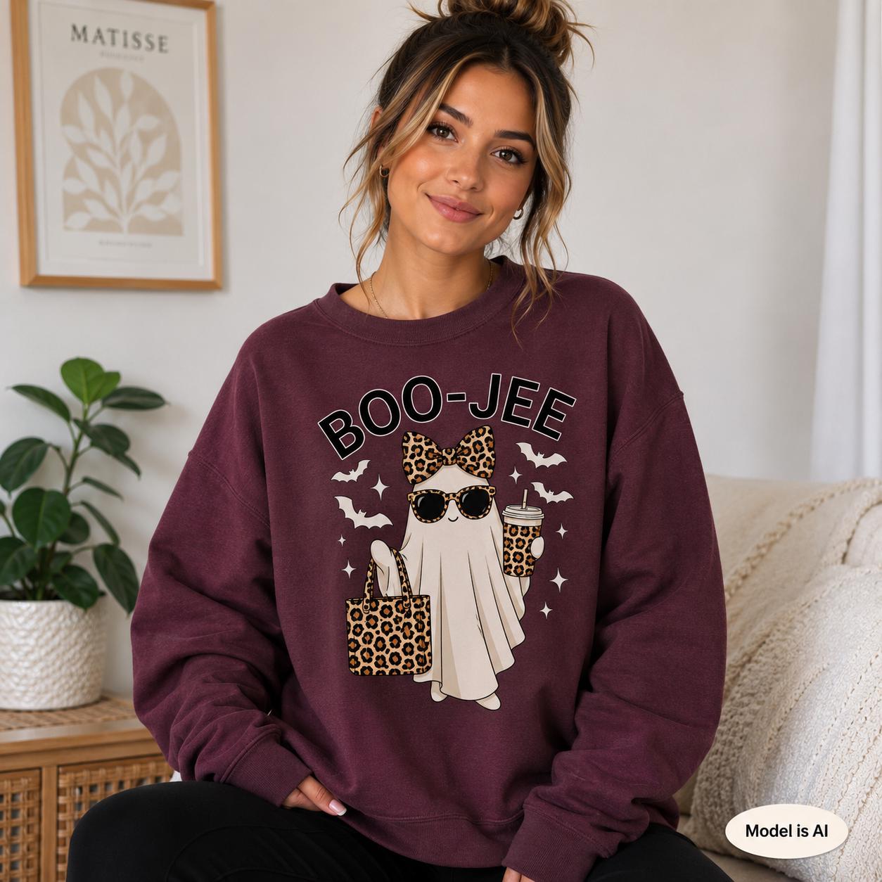 Maroon BOO-JEE Halloween Ghost Sweatshirt with leopard print ghost graphic modeled in a cozy indoor setting