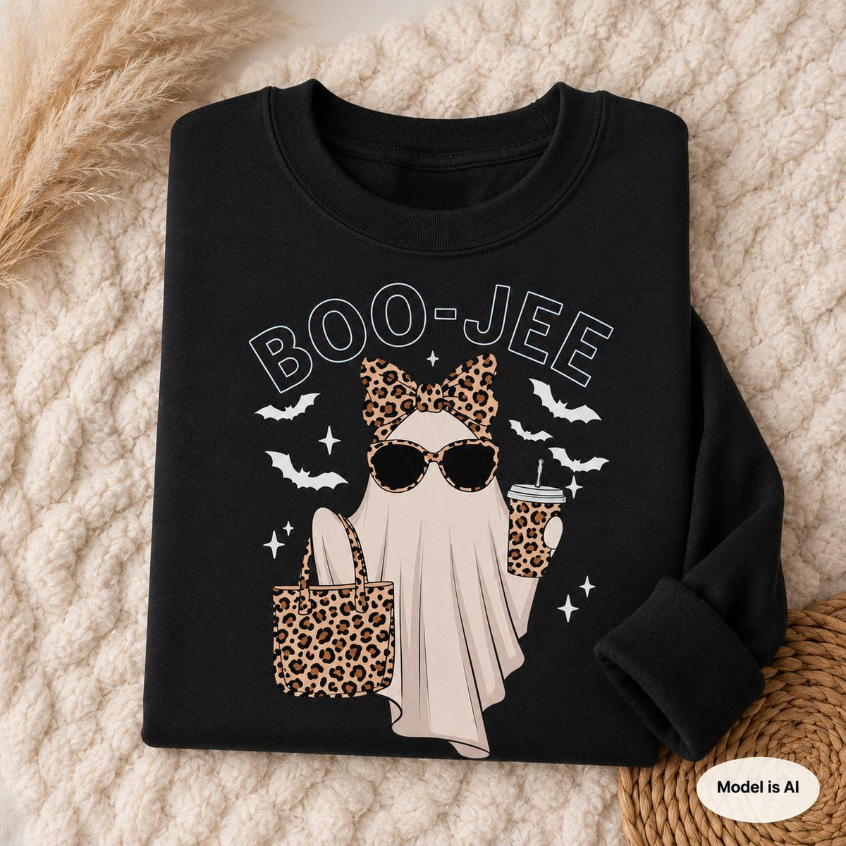 Folded black BOO-JEE Halloween Ghost Sweatshirt with leopard print ghost graphic displayed on a cozy textured blanket