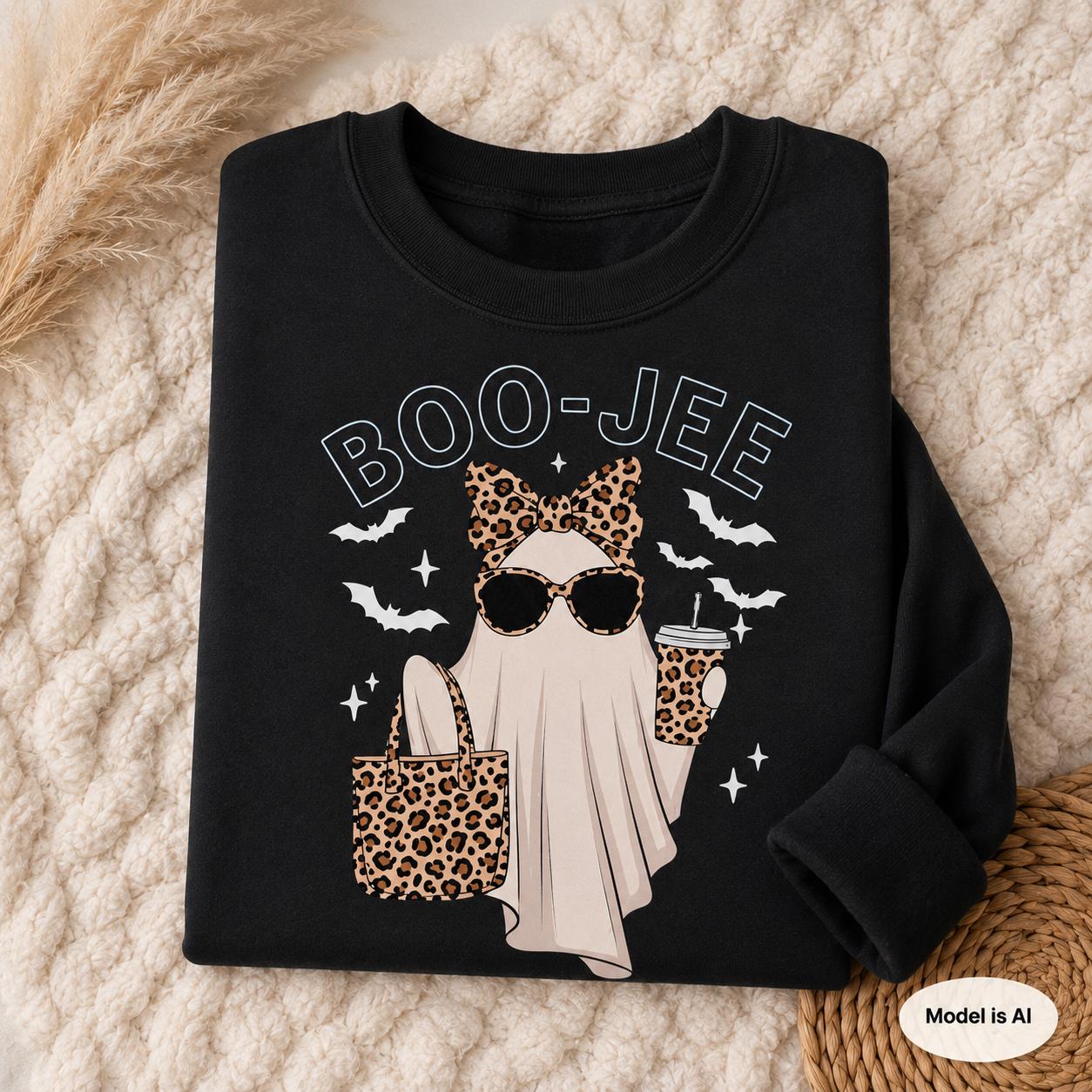Folded black BOO-JEE Halloween Ghost Sweatshirt with leopard print ghost graphic displayed on a cozy textured blanket