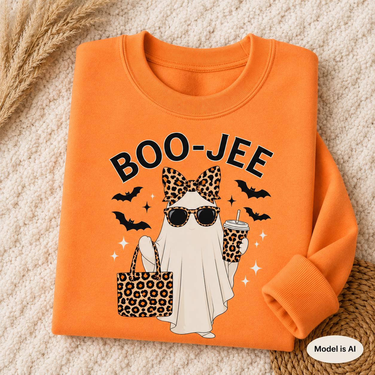 Folded Tangerine Orange BOO-JEE Halloween Ghost Sweatshirt with leopard print accessories, displayed on a textured cream blanket with fall accents