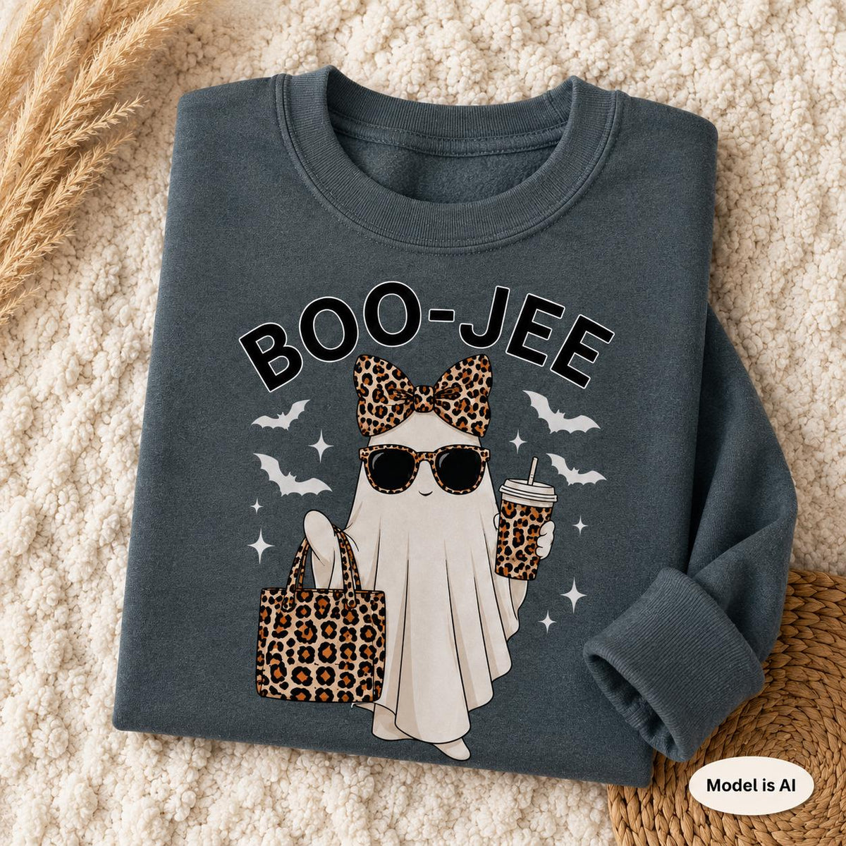 Folded dark heather gray BOO-JEE Halloween Ghost Sweatshirt with leopard print accessories, displayed on a textured cream blanket with fall accents