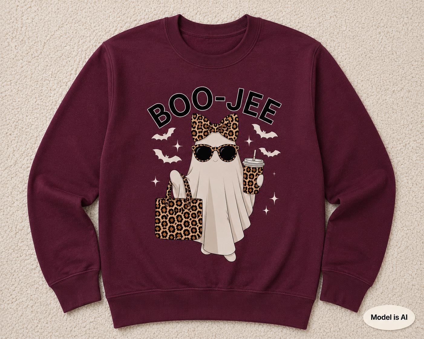 Maroon  BOO-JEE Halloween Ghost Sweatshirt with leopard print ghost graphic displayed flat on a cream textured background