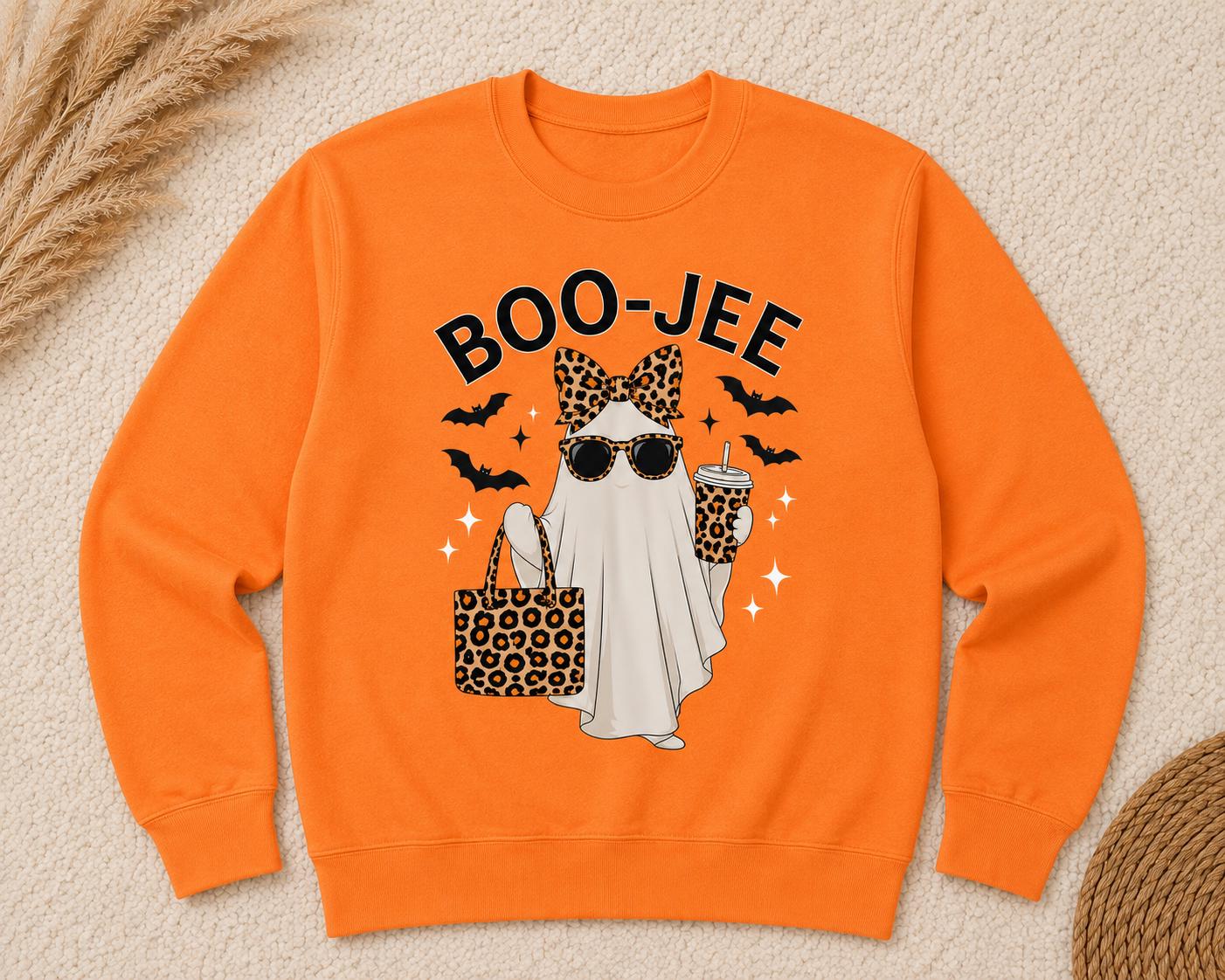 Tangerine Orange BOO-JEE Halloween Ghost Sweatshirt with leopard print ghost graphic displayed flat on a cream textured background