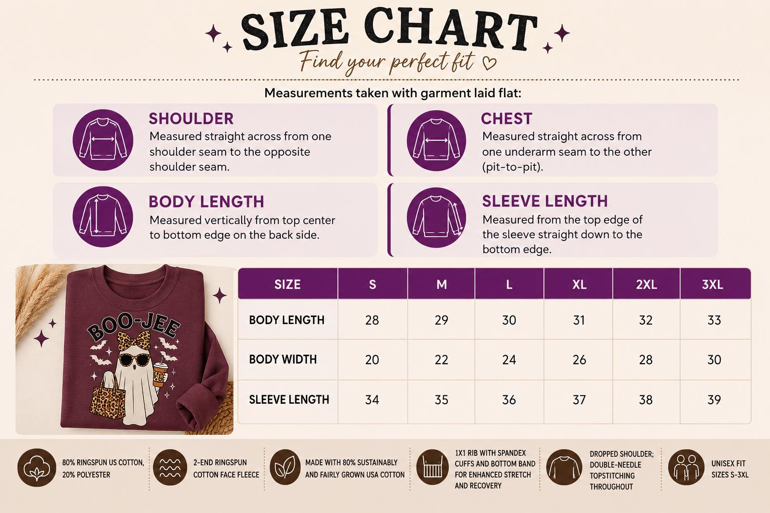 BOO-JEE Halloween Ghost Sweatshirt size chart showing unisex sizes S–3XL with body length, body width, sleeve measurements, and fit details