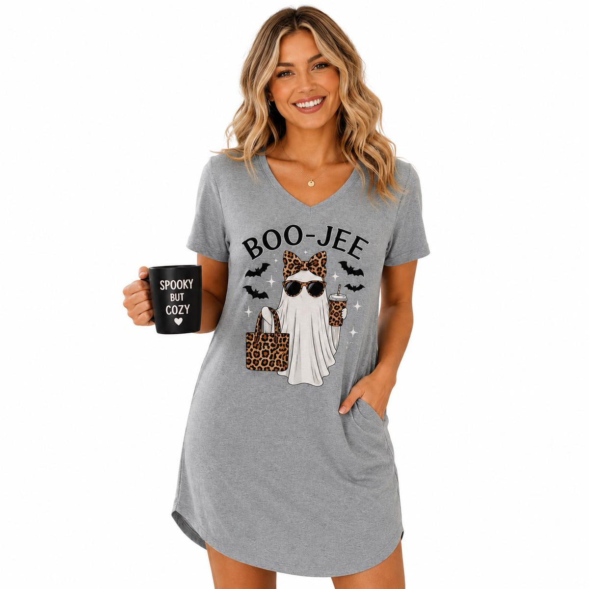 Gray BOO-JEE Ghost Halloween Sleep Shirt with leopard print ghost graphic modeled on a white background