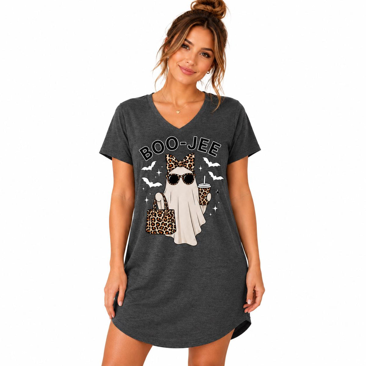 Charcoal BOO-JEE Ghost Halloween Sleep Shirt with leopard print ghost graphic modeled on a white background