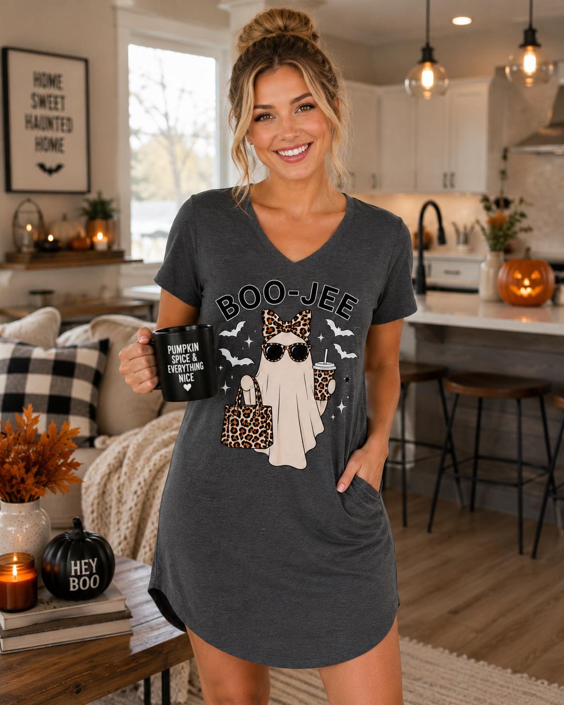 Charcoal BOO-JEE Ghost Halloween Sleep Shirt with leopard print ghost graphic modeled in a cozy spooky season setting
