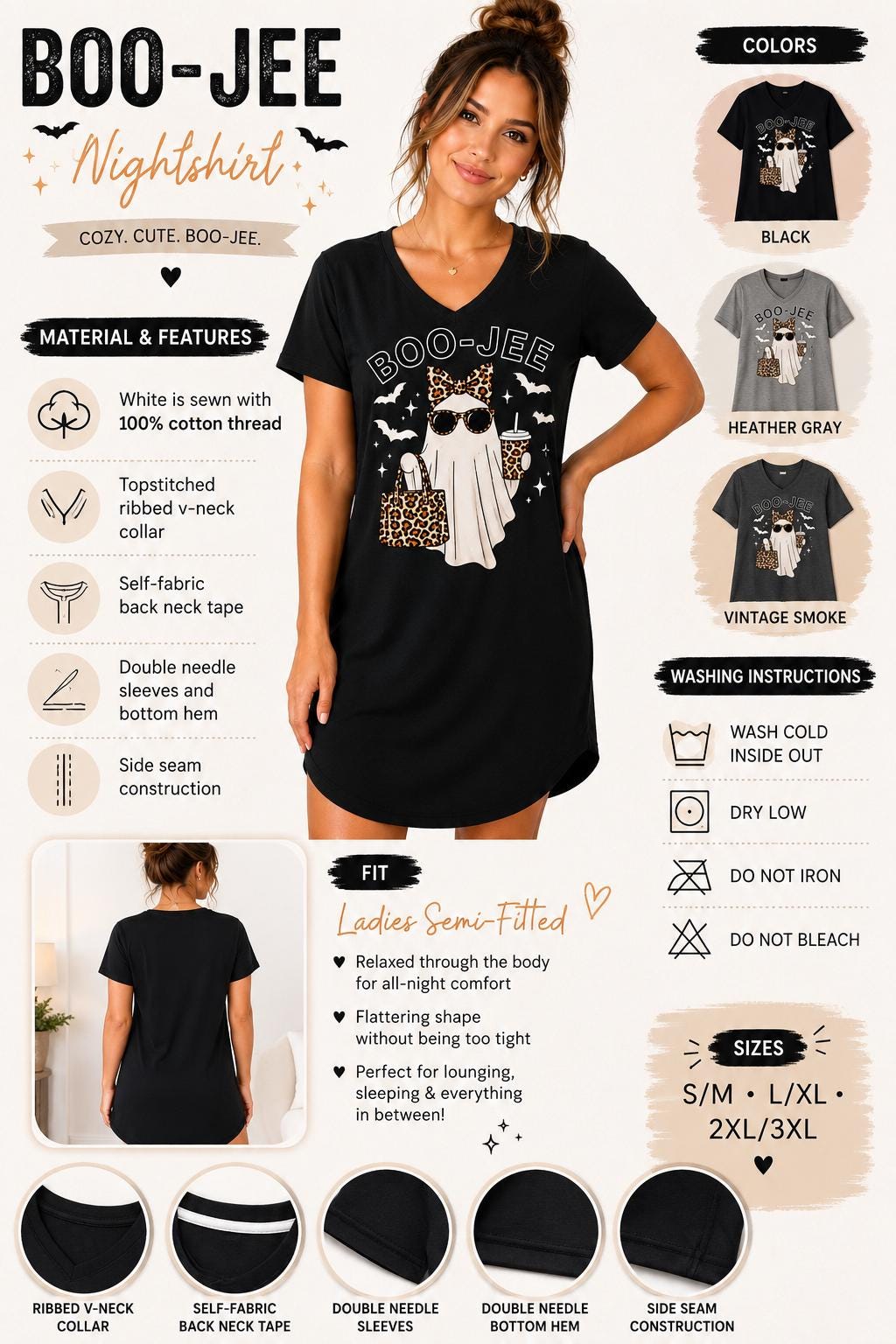 Halloween Nightshirt, Ghost Pajamas for Women, Boo Jee Lounge Shirt, Spooky Gift for Her
