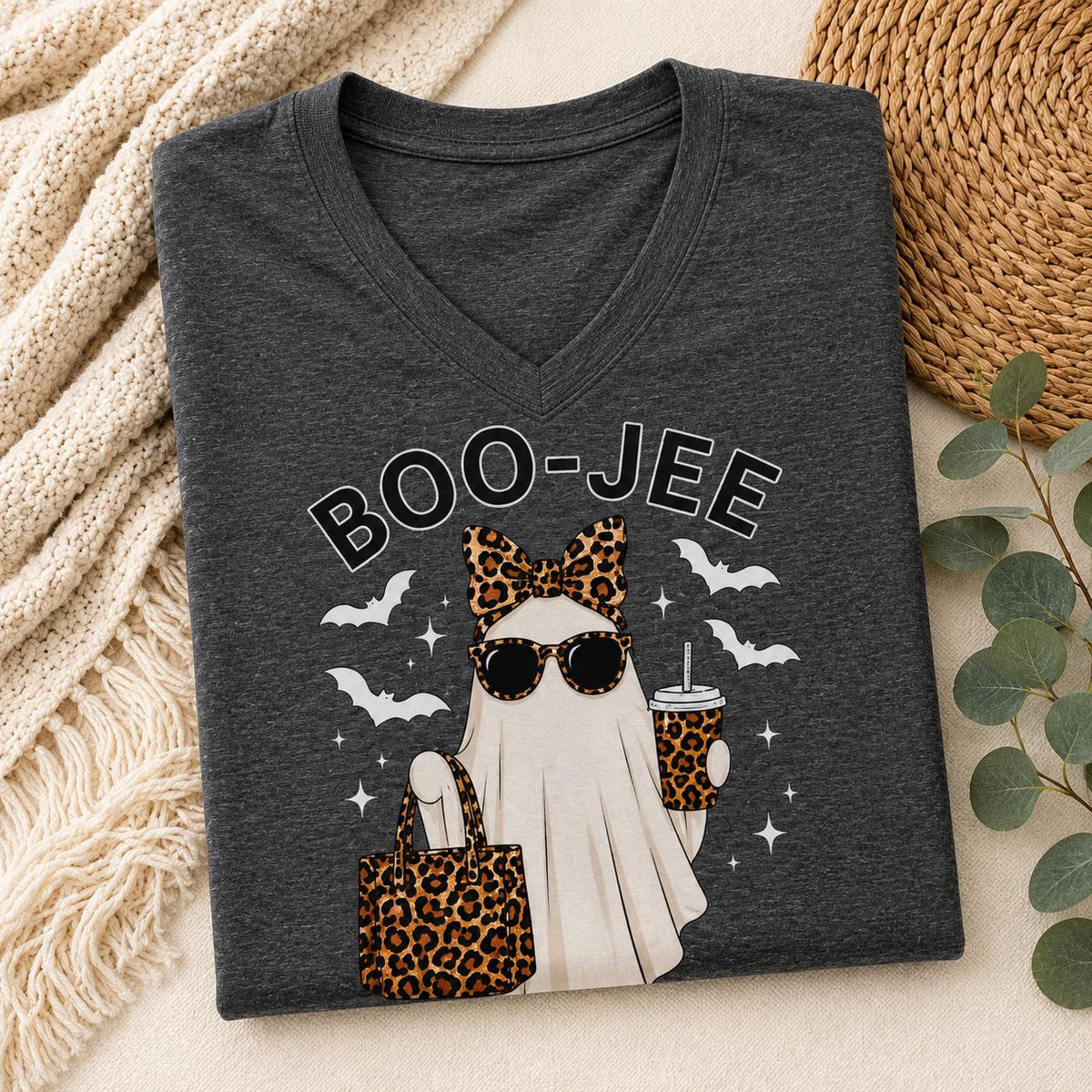 Folded charcoal BOO-JEE Ghost Halloween Sleep Shirt with leopard print ghost graphic and V-neck design