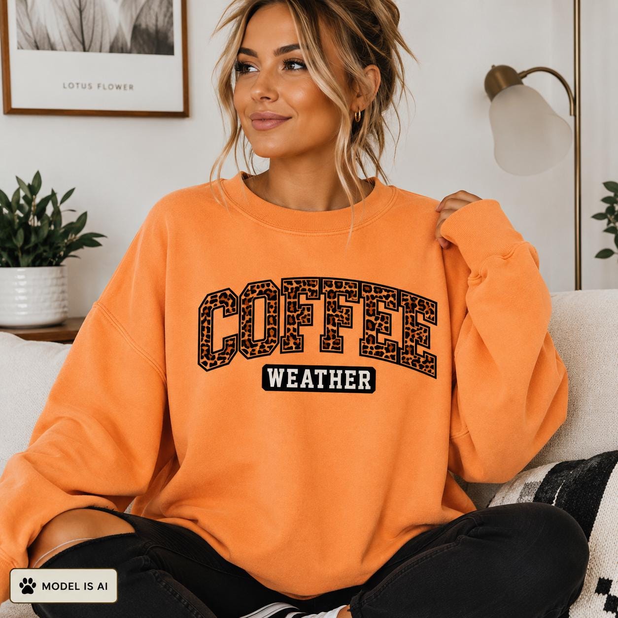 Tangerine Coffee Weather Sweatshirt with leopard print lettering modeled indoors, cozy fall crewneck for coffee lovers