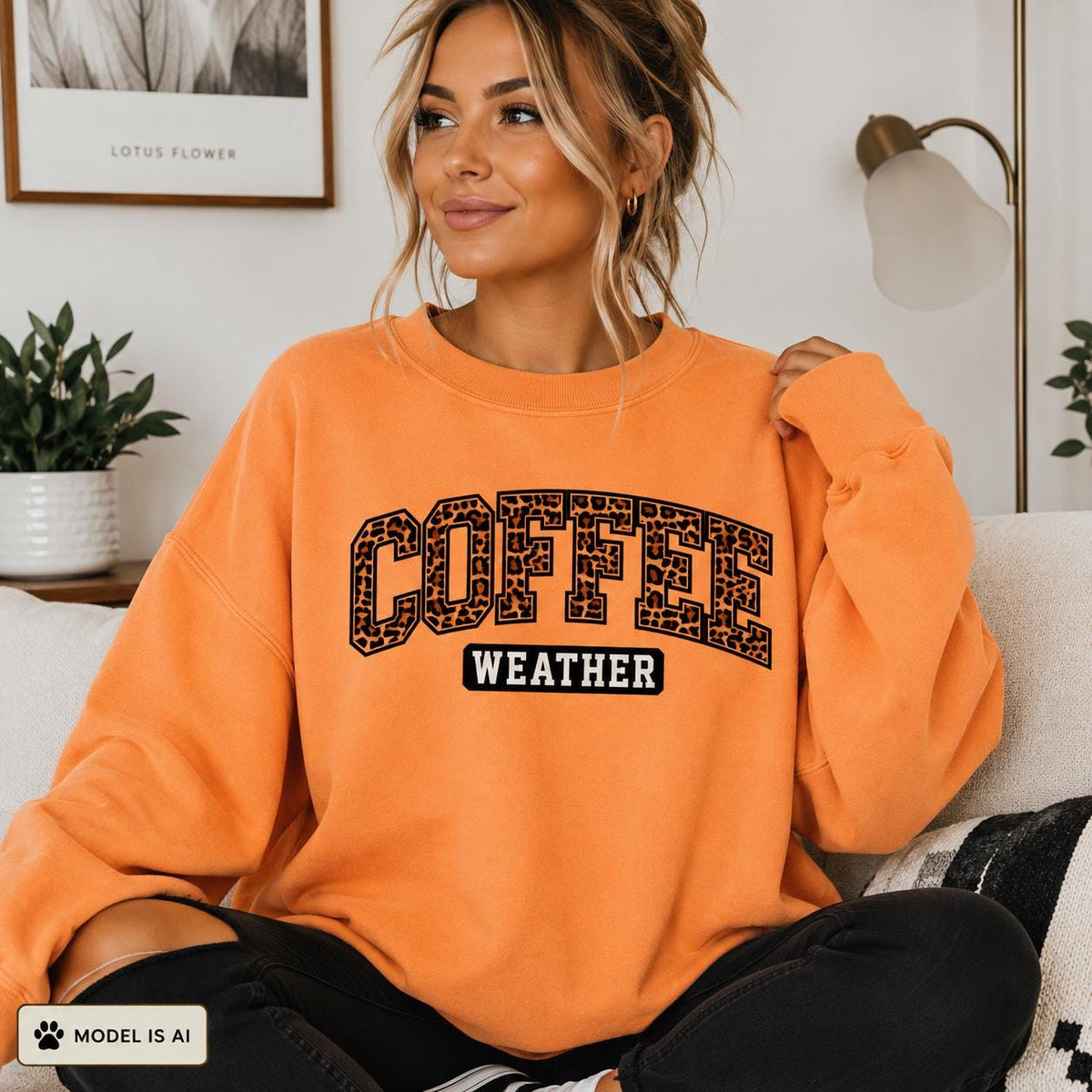 Tangerine Coffee Weather Sweatshirt with leopard print lettering modeled indoors, cozy fall crewneck for coffee lovers