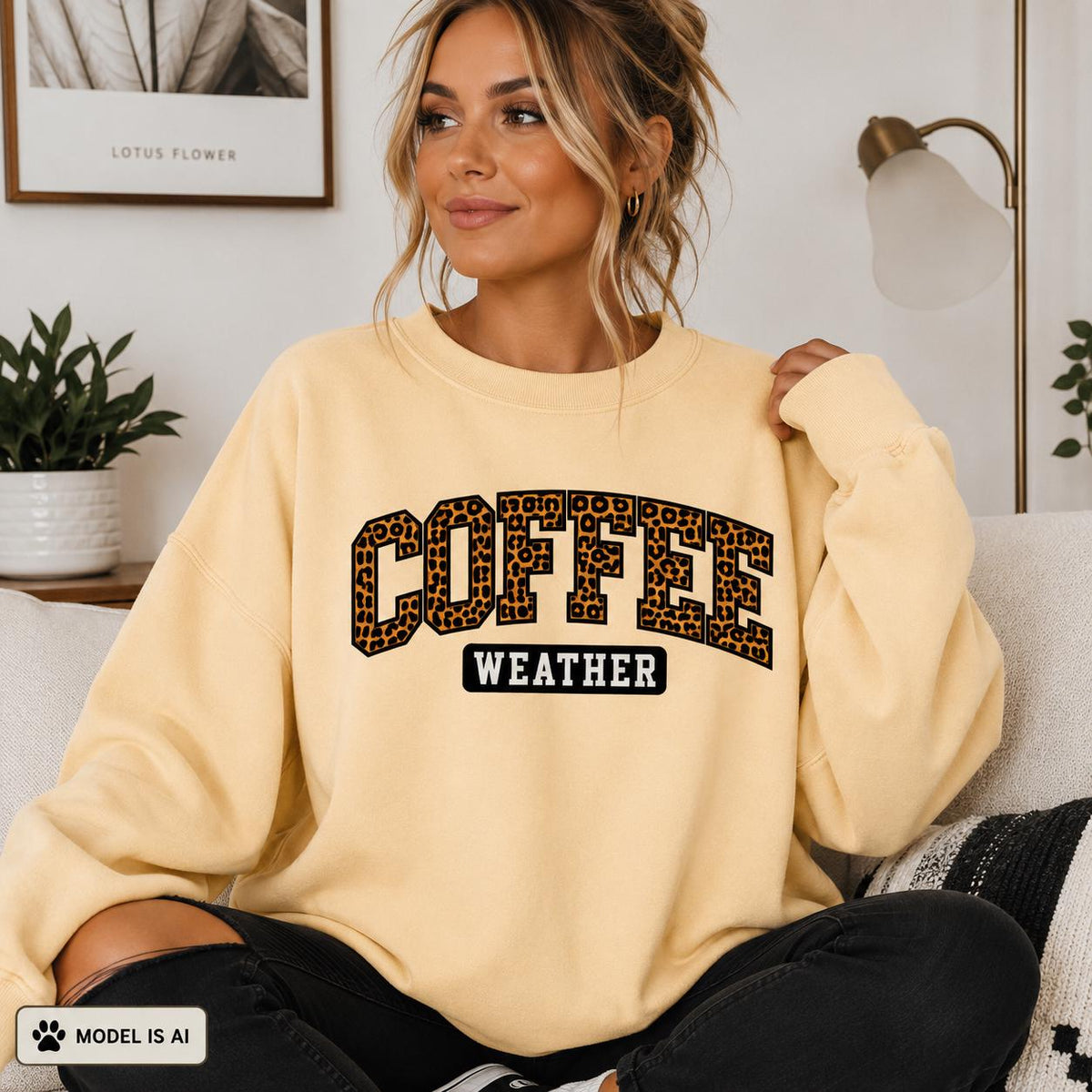 Yellow Haze Coffee Weather Sweatshirt with leopard print lettering modeled indoors, cozy fall crewneck for coffee lovers
