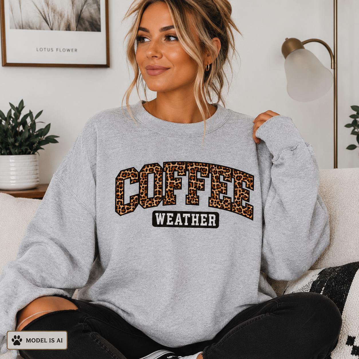 Sport Gray Coffee Weather Sweatshirt with leopard print lettering modeled indoors, cozy fall crewneck for coffee lovers