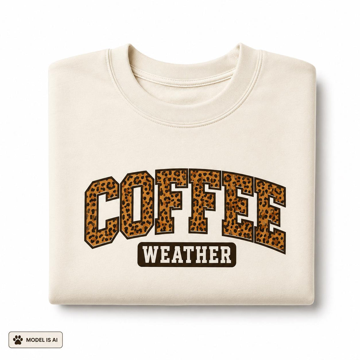 Folded off white Coffee Weather Sweatshirt with bold leopard print lettering on a white background