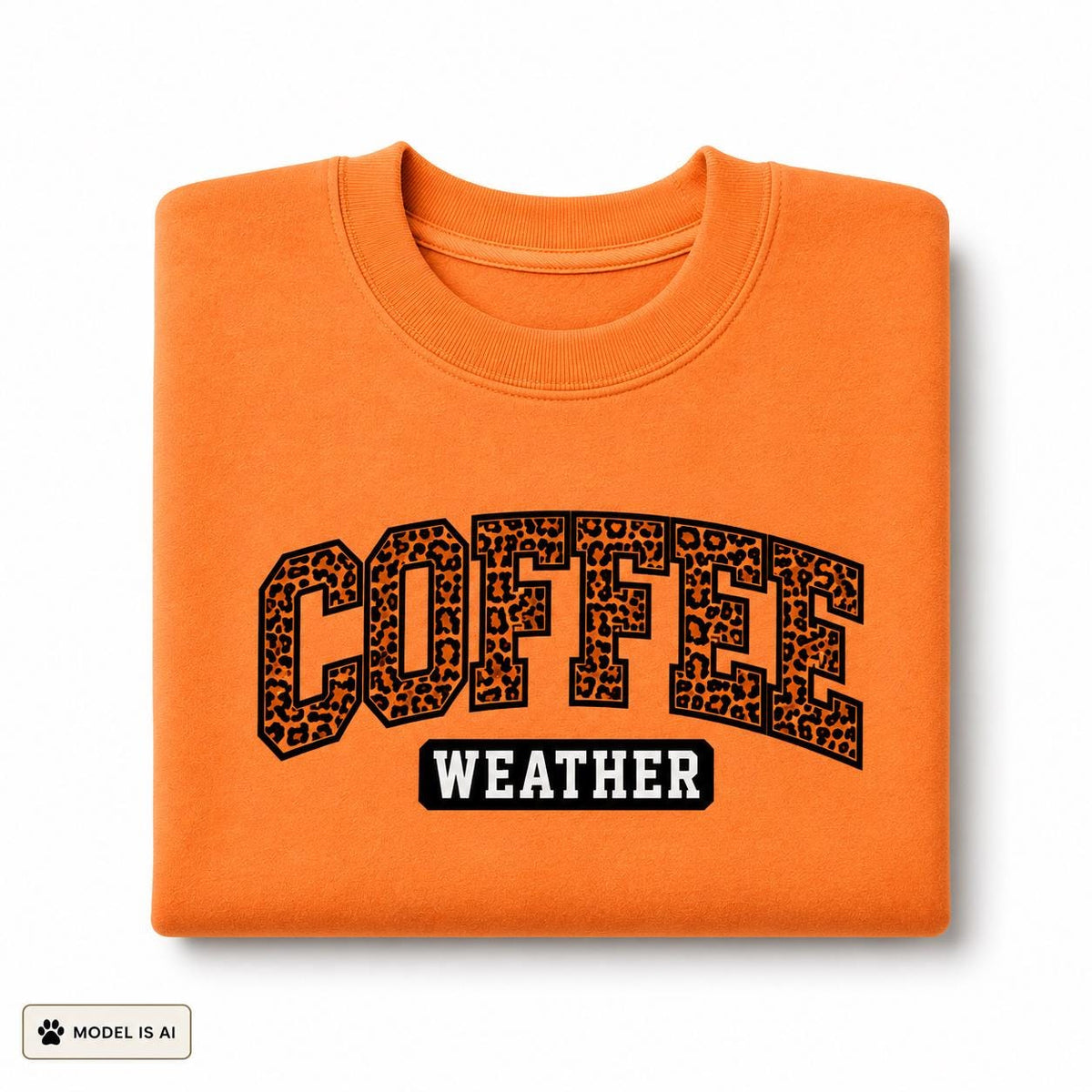 Folded Tangerine Coffee Weather Sweatshirt with bold leopard print lettering on a white background