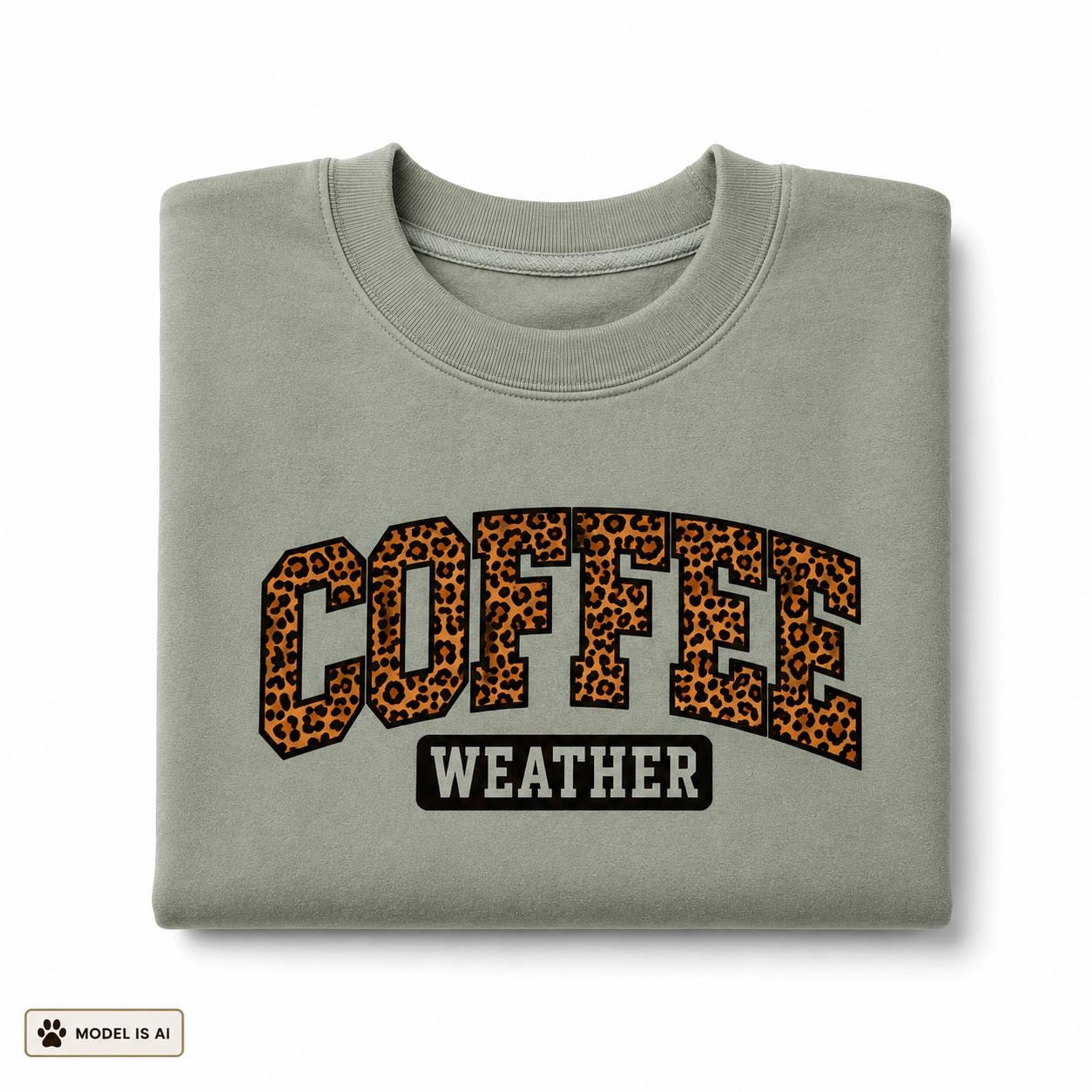 Folded Sage Coffee Weather Sweatshirt with bold leopard print lettering on a white background