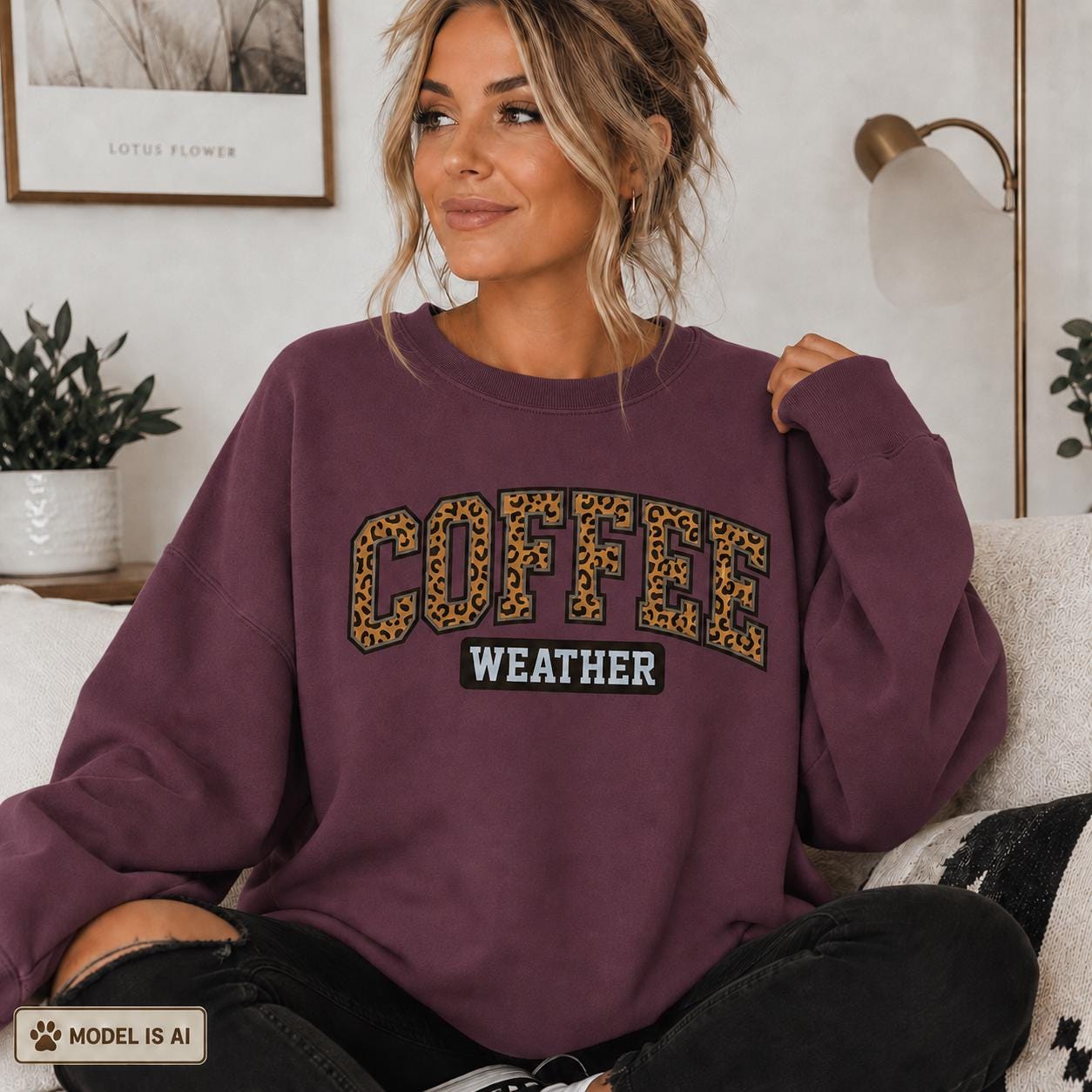Maroon Coffee Weather Sweatshirt with leopard print lettering modeled indoors, cozy fall crewneck for coffee lovers
