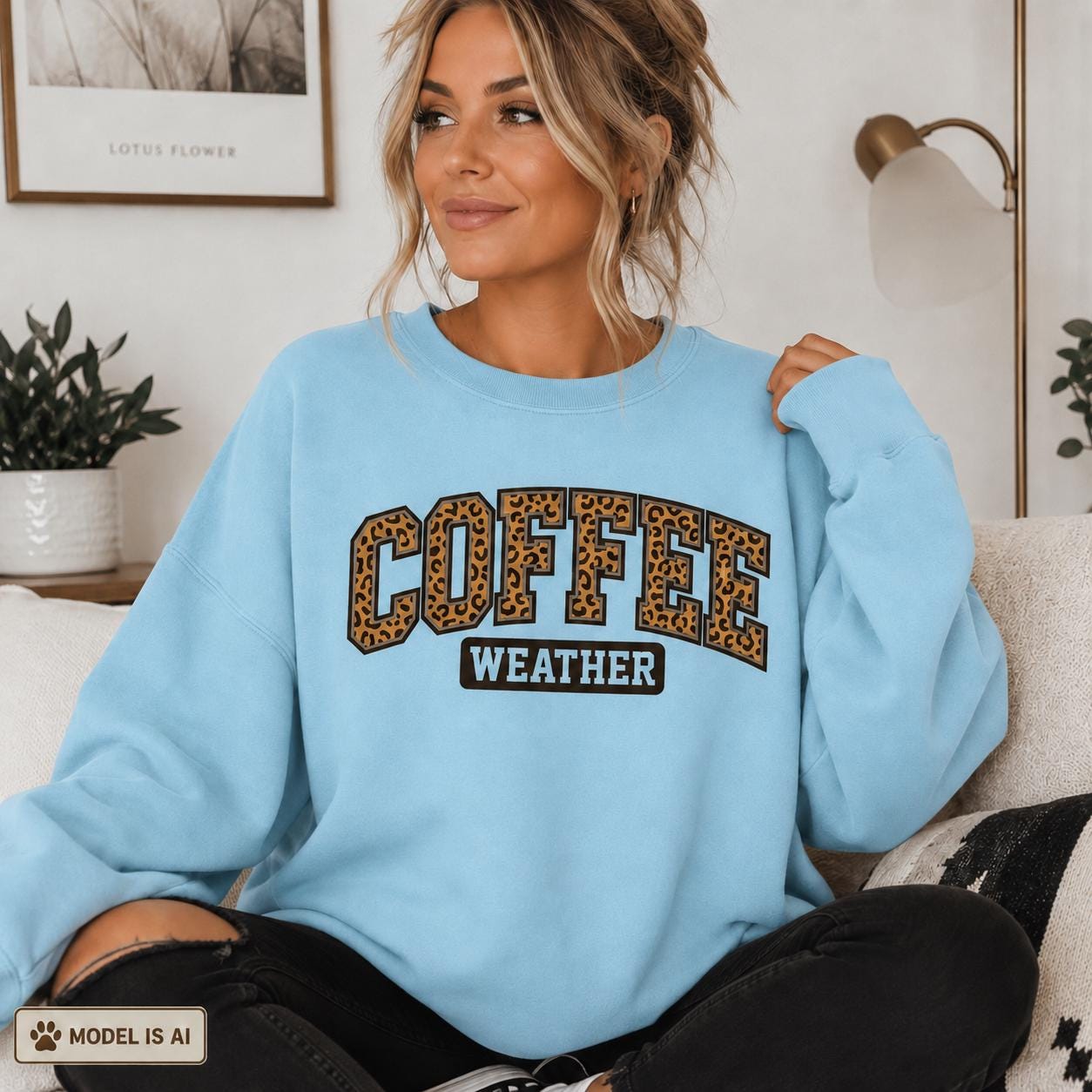 Sky Blue Coffee Weather Sweatshirt with leopard print lettering modeled indoors, cozy fall crewneck for coffee lovers
