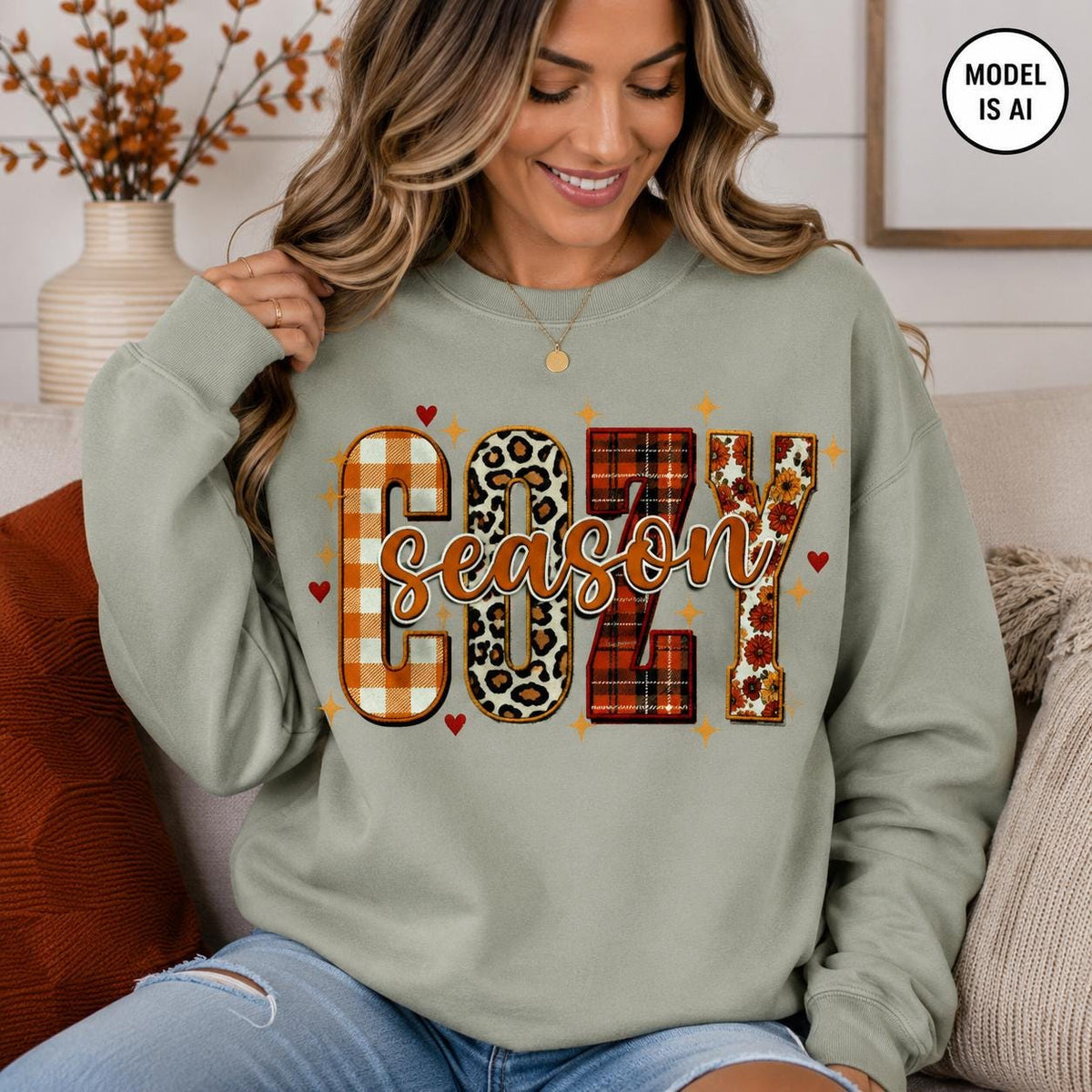Sage Green Cozy Season Sweatshirt with colorful patchwork fall graphic modeled in a cozy autumn setting
