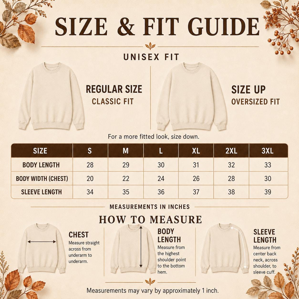 Cozy Season Sweatshirt size and fit guide – unisex classic fit with option to size up for a relaxed oversized fit