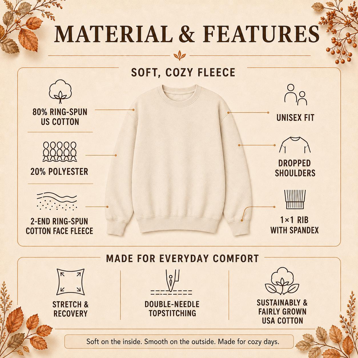 Cozy Season Sweatshirt materials and features – soft 80% ringspun US cotton and 20% polyester fleece with unisex fit