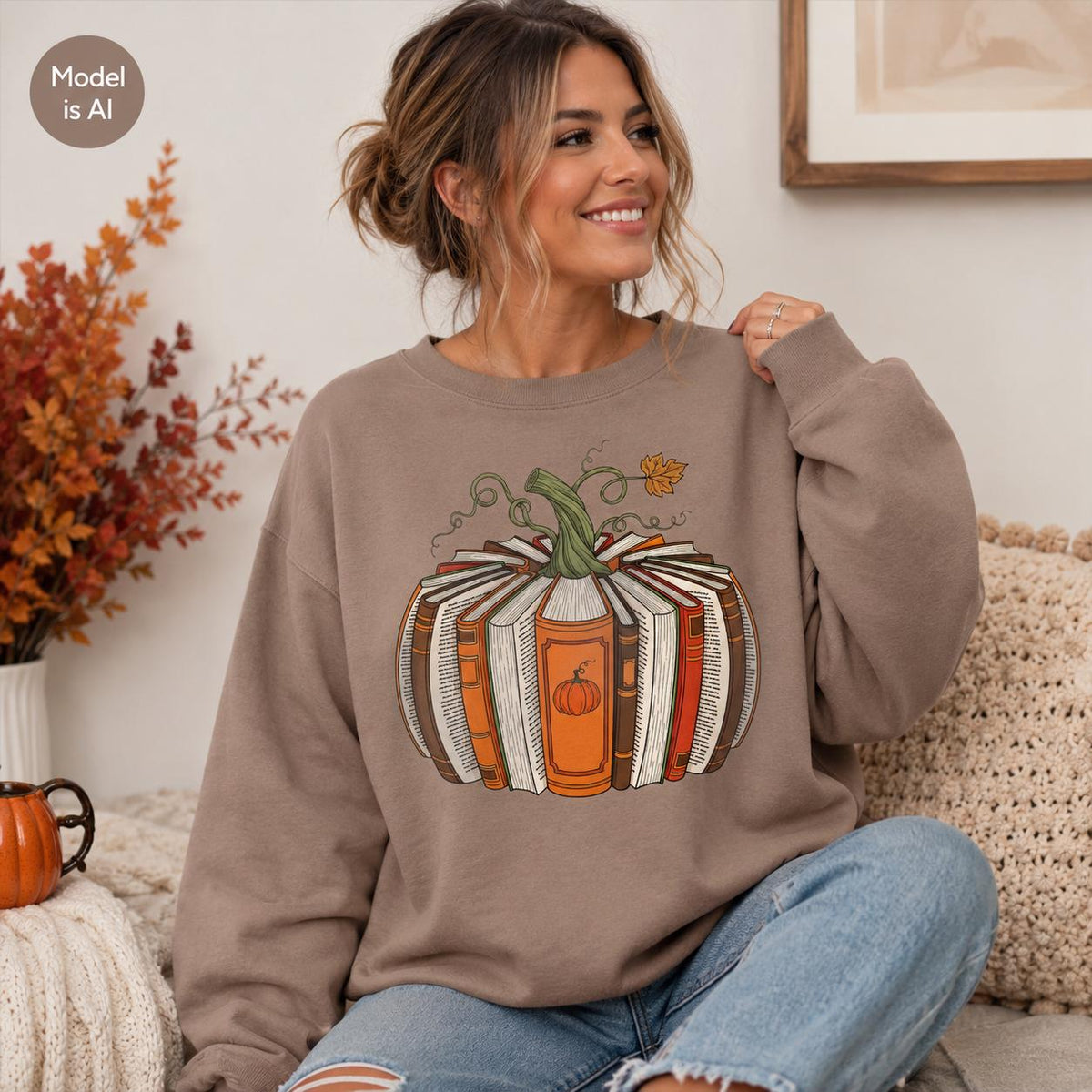 Brown Fall Book Lover Sweatshirt with pumpkin-shaped book graphic modeled in a cozy autumn setting