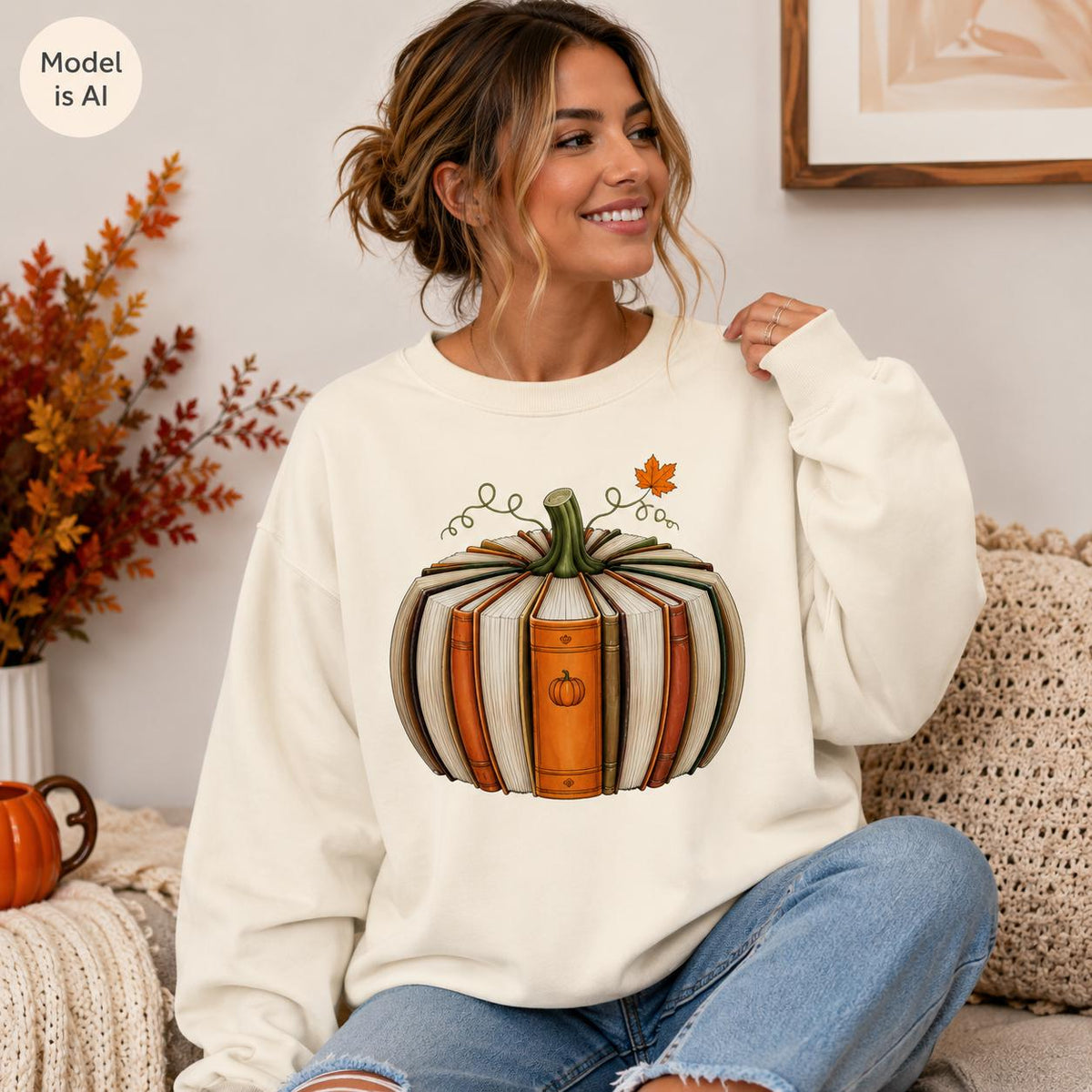 Off-white Fall Book Lover Sweatshirt with pumpkin-shaped book graphic modeled in a cozy autumn setting