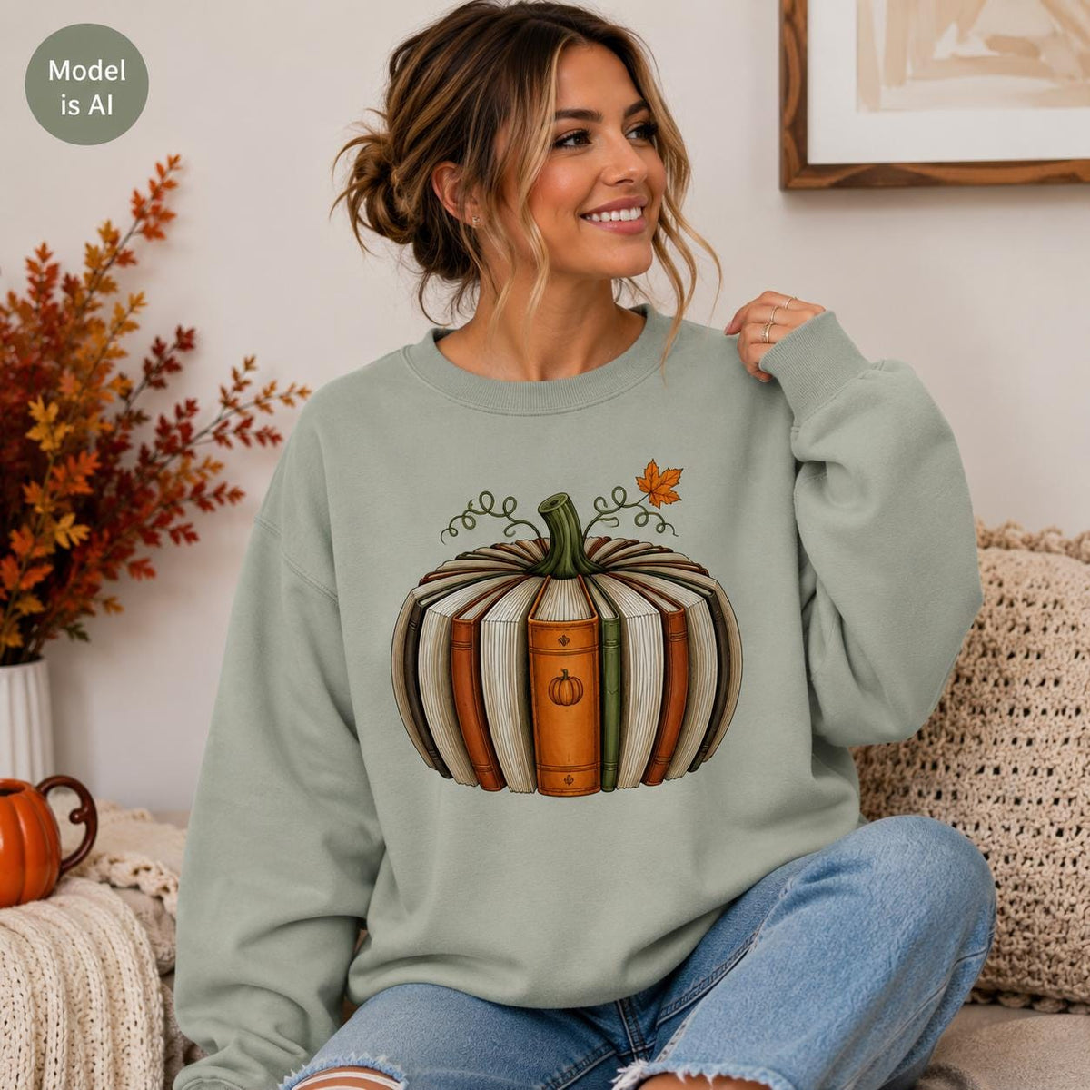 Sage green Fall Book Lover Sweatshirt with pumpkin-shaped book graphic modeled in a cozy autumn setting

