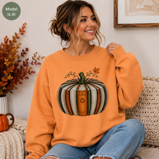 Orange Fall Book Lover Sweatshirt with pumpkin-shaped book graphic modeled in a cozy autumn setting