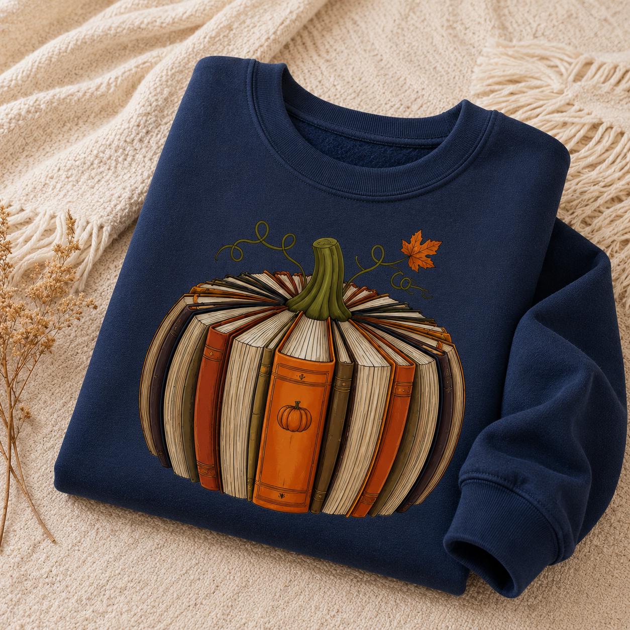 Folded navy Fall Book Lover Sweatshirt with pumpkin-shaped book graphic in a cozy autumn setting
