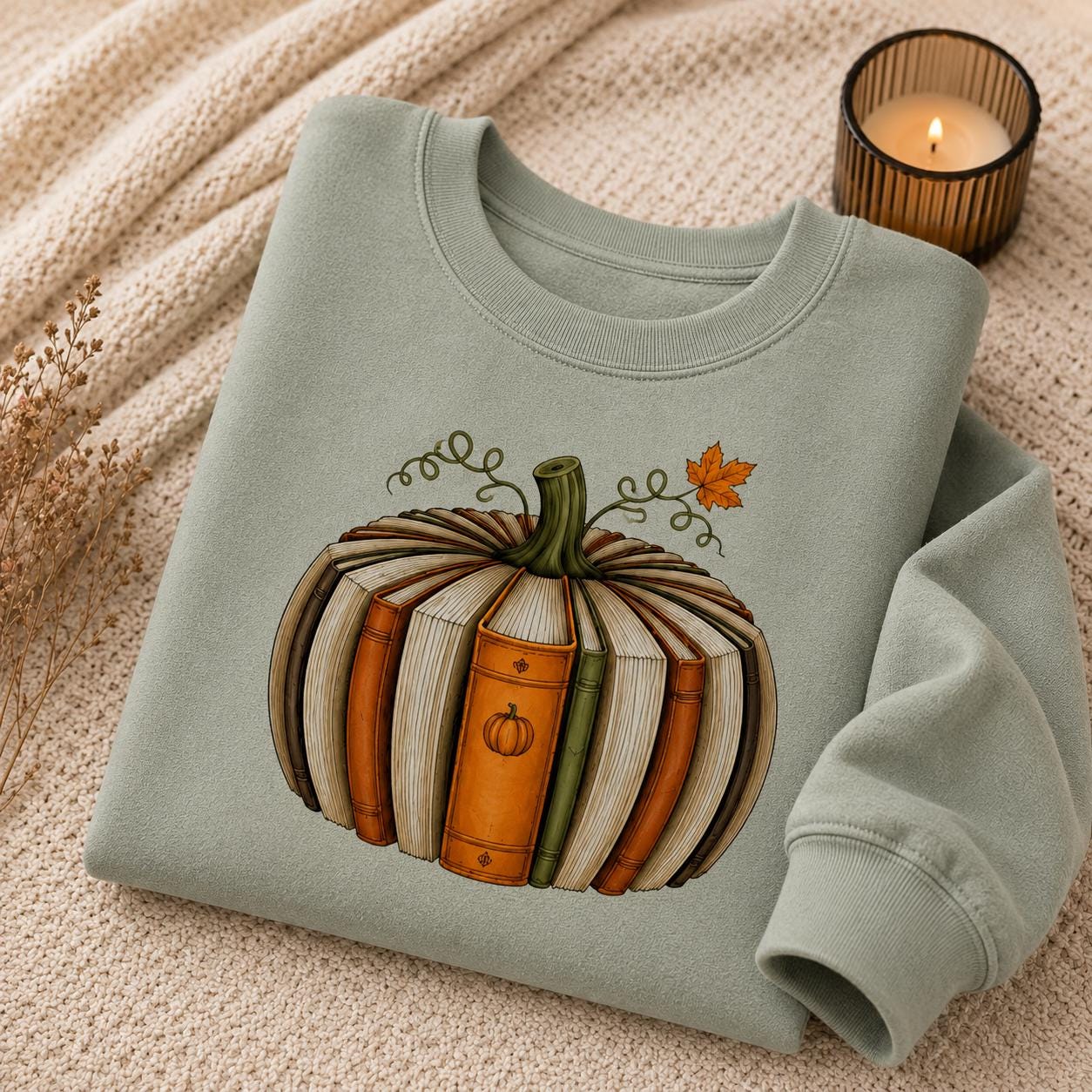 Folded sage green Fall Book Lover Sweatshirt with pumpkin-shaped book graphic in a cozy autumn setting with candle and knit blanket
