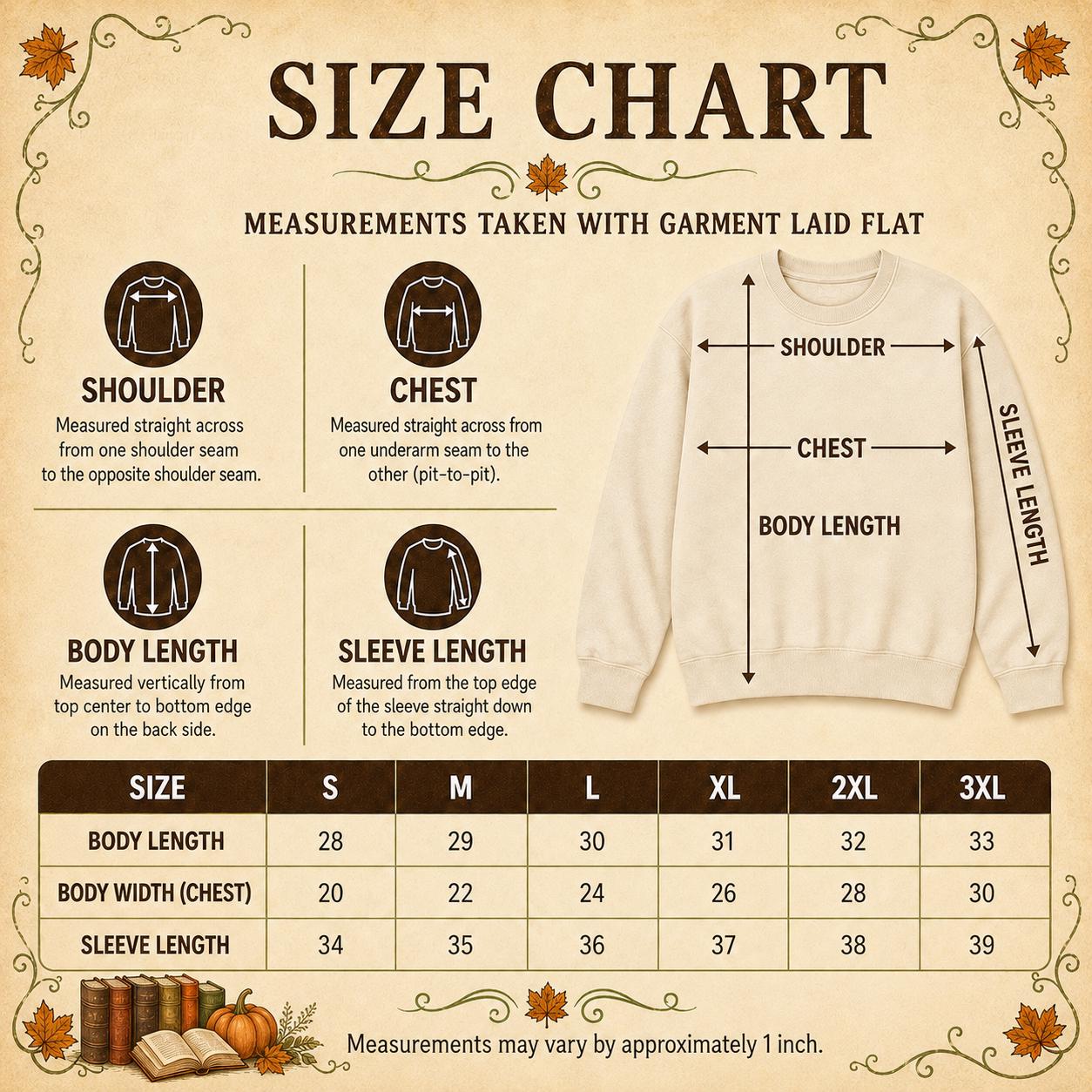 Size chart for Fall Book Lover Sweatshirt with unisex sweatshirt measurements
